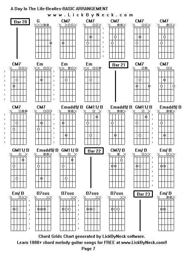 Chord Grids Chart of chord melody fingerstyle guitar song-A Day In The Life-Beatles-BASIC ARRANGEMENT,generated by LickByNeck software.